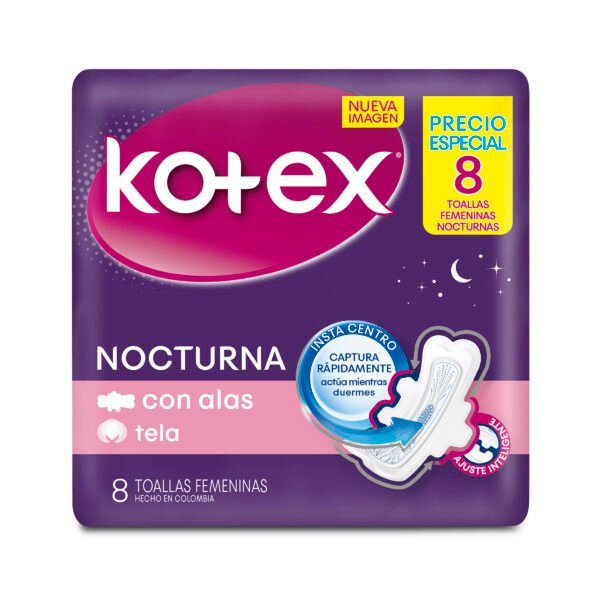 TOALLAS HIGIENICAS KOTEX TELA CON ALAS NOCTURNA PAQ 8 UN